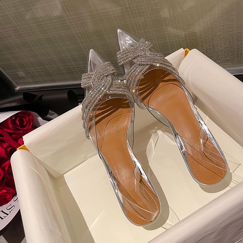 Strong push! Show long legs! Internet celebrity transparent rhinestone pointed Muller shoes wear high-heeled semi-slippers for women Baotou sandals