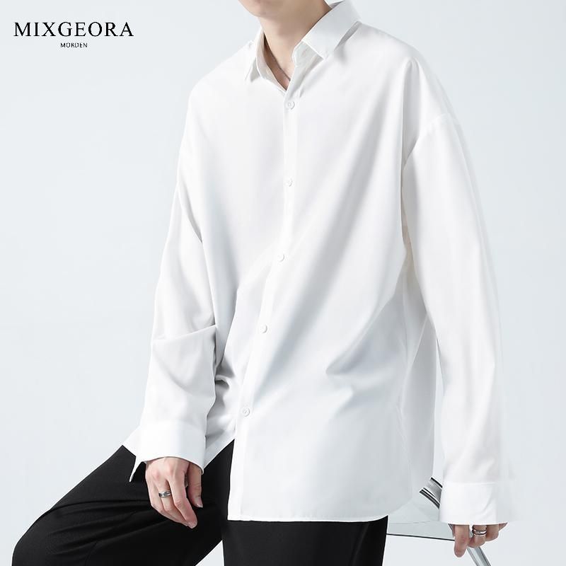 MIX GEORA黑色长袖衬衫男夏季薄款冰丝垂感免烫宽松休闲纯白衬衣
