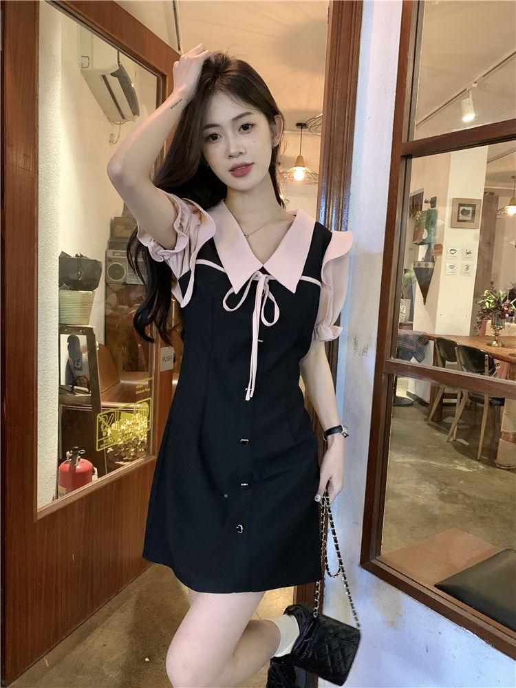 Doll collar tie short-sleeved dress women's summer  new sweet contrast color design sense waist slimming skirt