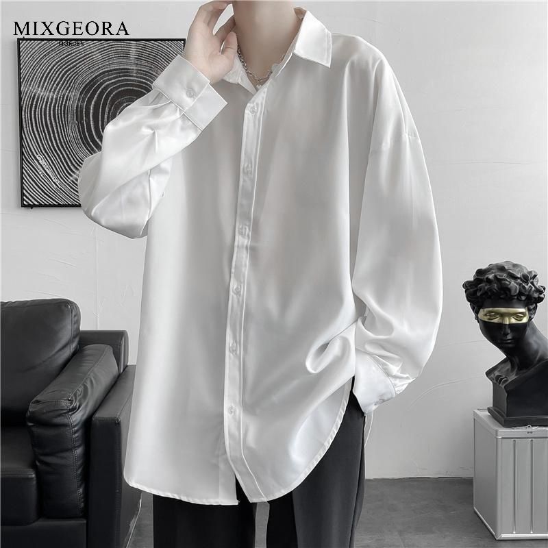 MIX GEORA no-iron drape ice silk black shirt men's long-sleeved loose casual casual handsome white boys' shirt