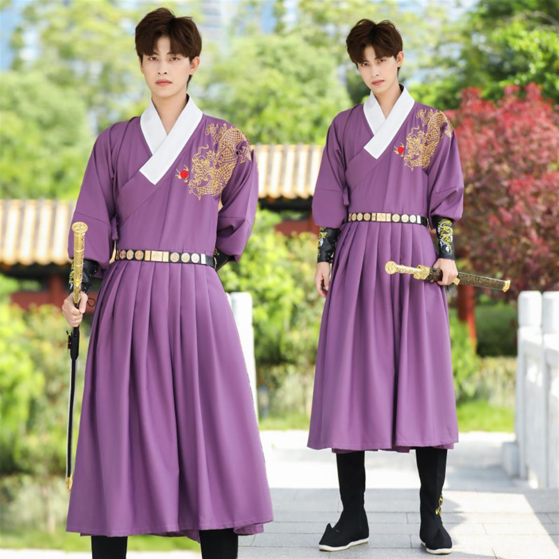 中国风紫色长袖龙纹交领衣裳明制飞鱼服传统汉服曳撒箭袖外套男秋