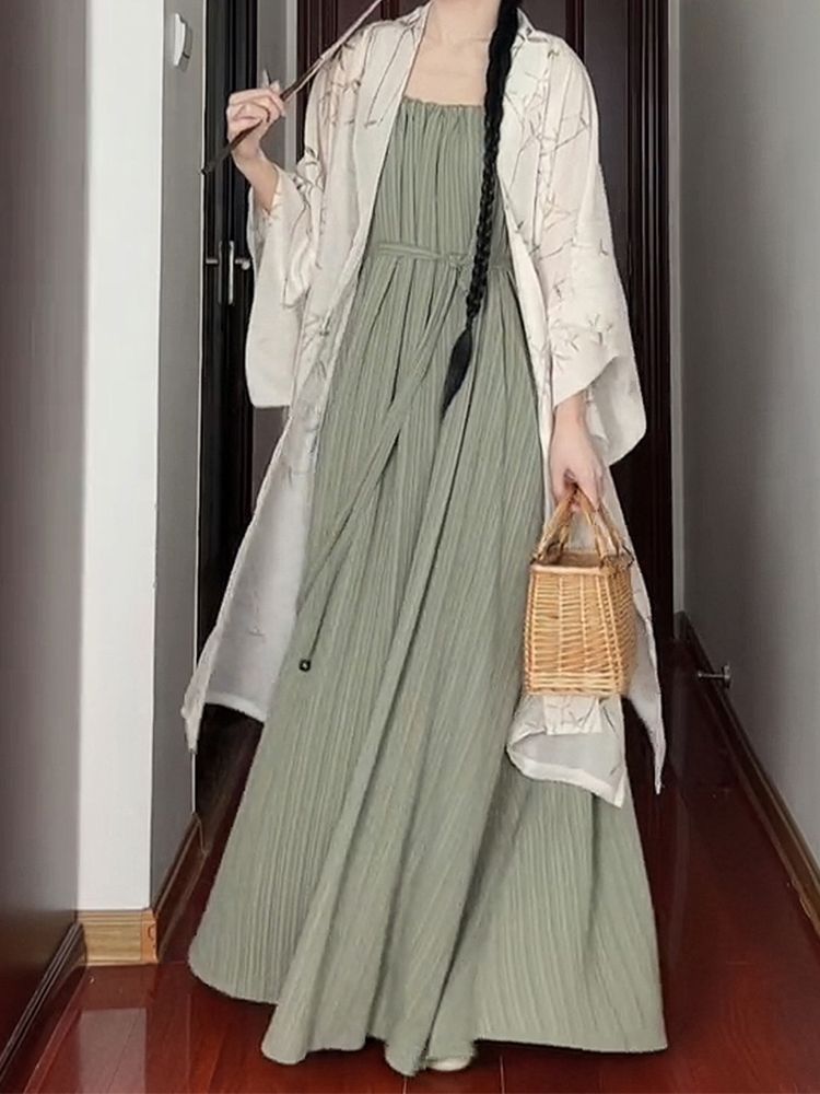 新中式女裝國風宋制超仙改良漢服漢元素開衫吊帶連衣裙兩件套裝夏
