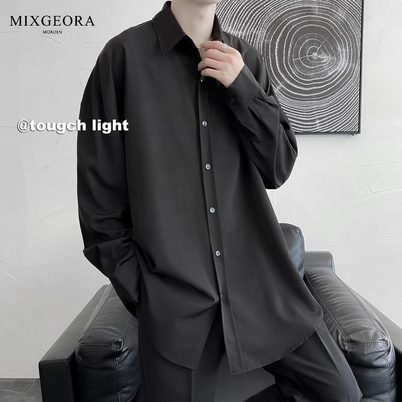 MIX GEORA no-iron drape ice silk black shirt men's long-sleeved loose casual casual handsome white boys' shirt