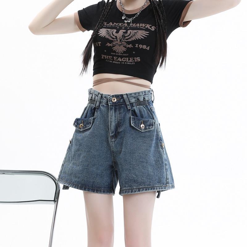 YSYOURS復古藍卷邊高腰闊腿牛仔短褲女夏寬鬆設計感寬鬆直筒熱褲