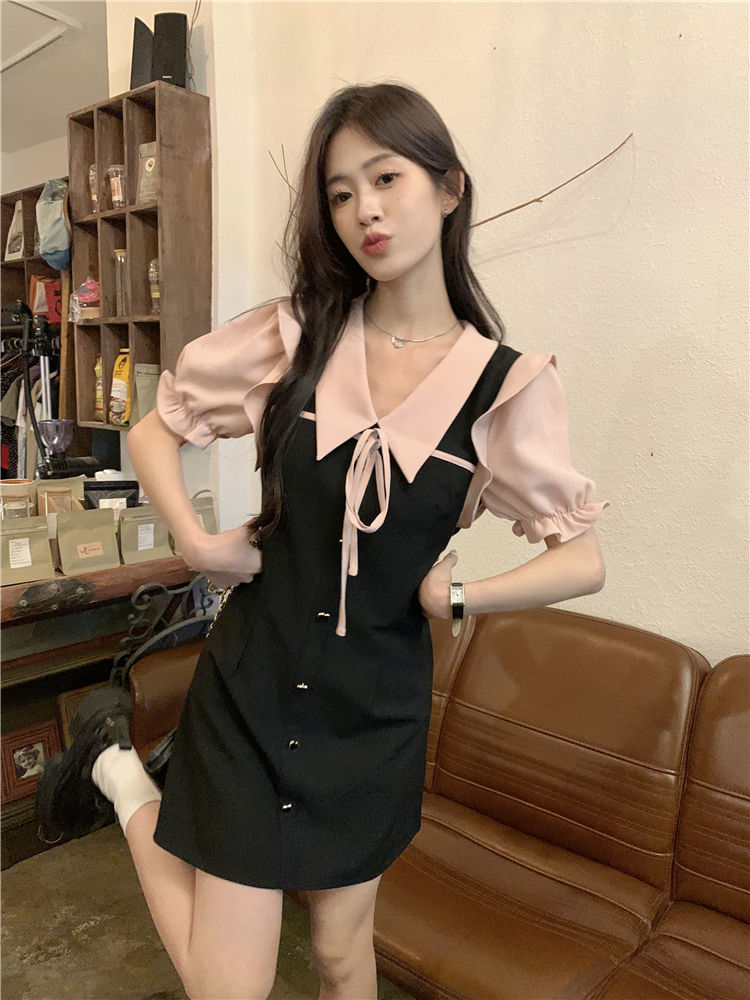 Doll collar tie short-sleeved dress women's summer  new sweet contrast color design sense waist slimming skirt