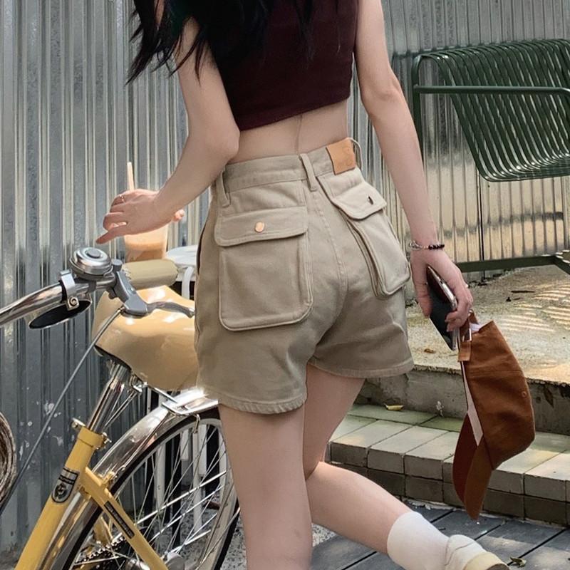 YSYOURS卡其色休閒工裝牛仔短褲女夏小個子2023新款顯瘦闊腿熱褲