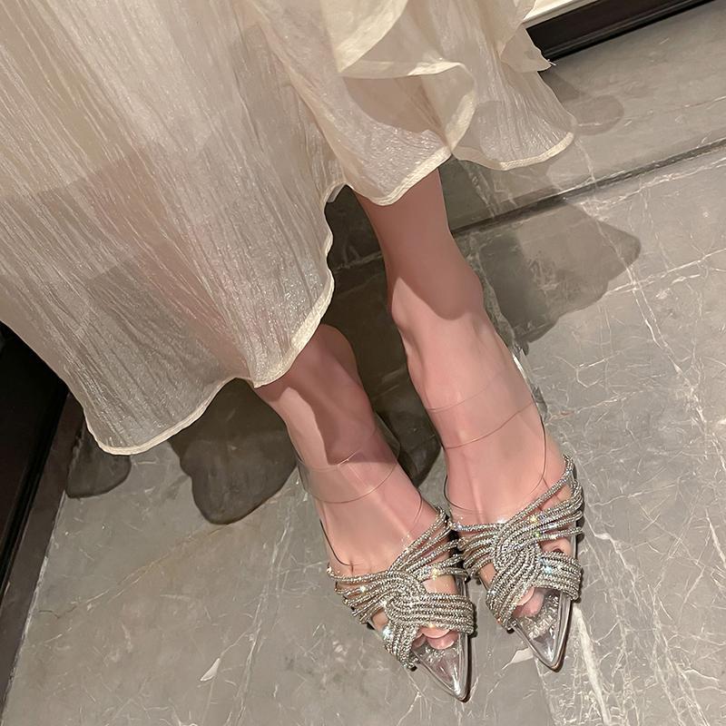 Strong push! Show long legs! Internet celebrity transparent rhinestone pointed Muller shoes wear high-heeled semi-slippers for women Baotou sandals