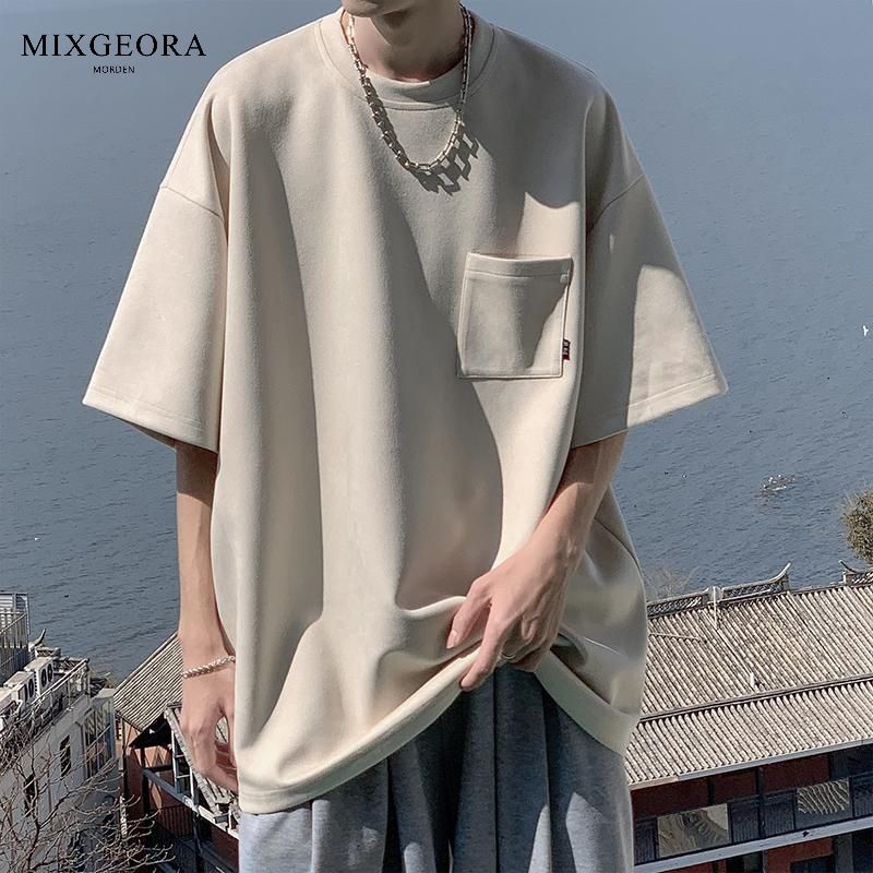 MIX GEORA美式復古休閒t恤男潮牌短袖口袋麂皮絨體恤衫夏季五分袖