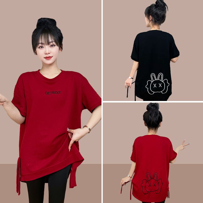 Women's 95 cotton short-sleeved t-shirt mid-length sweater t-shirt 2023 summer new women's loose large size foreign style age reduction