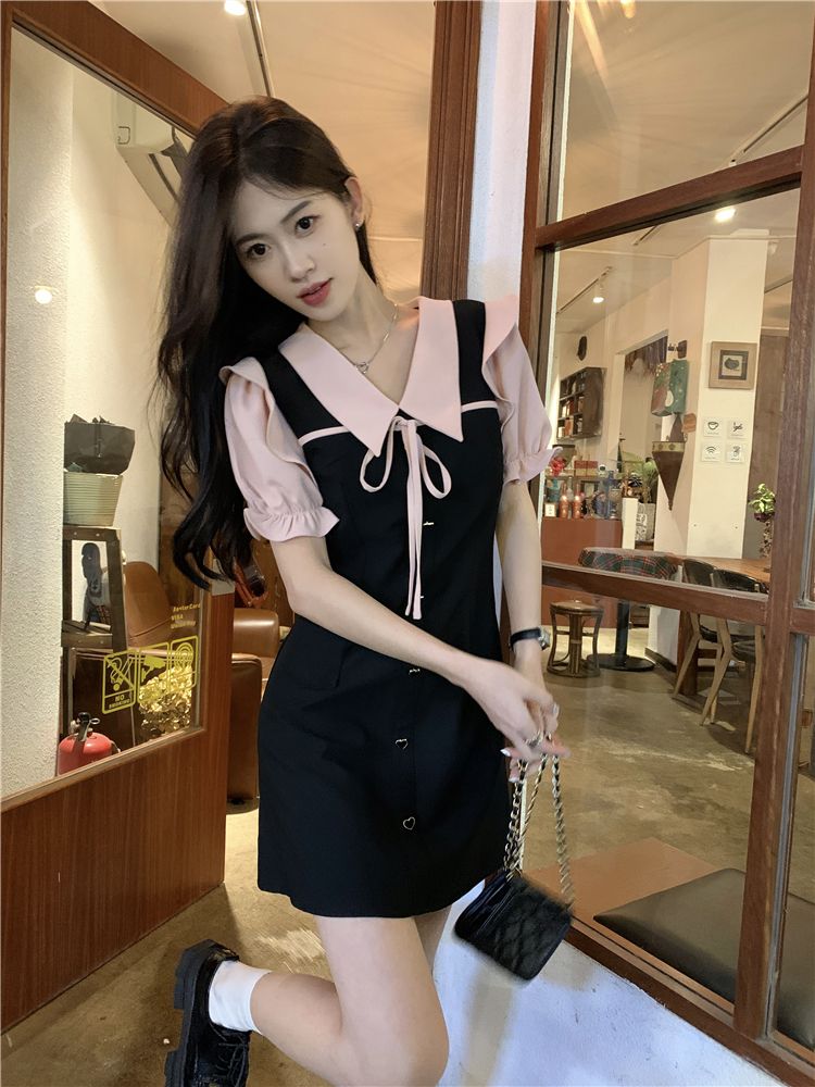 Doll collar tie short-sleeved dress women's summer  new sweet contrast color design sense waist slimming skirt