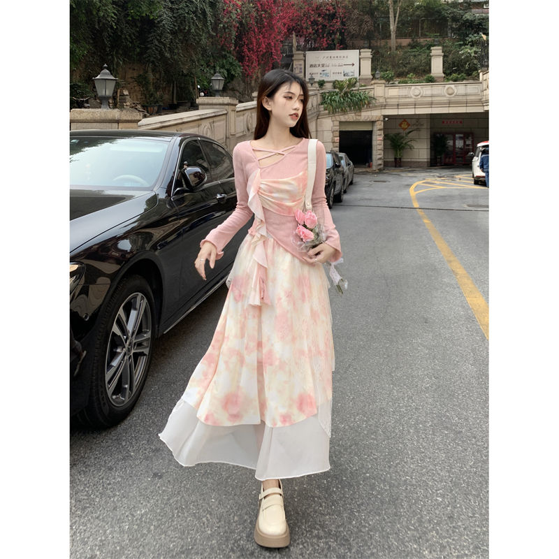 新中式設計感碎花拼接長袖上衣網紗半身裙女春夏2023新款時尚套裝