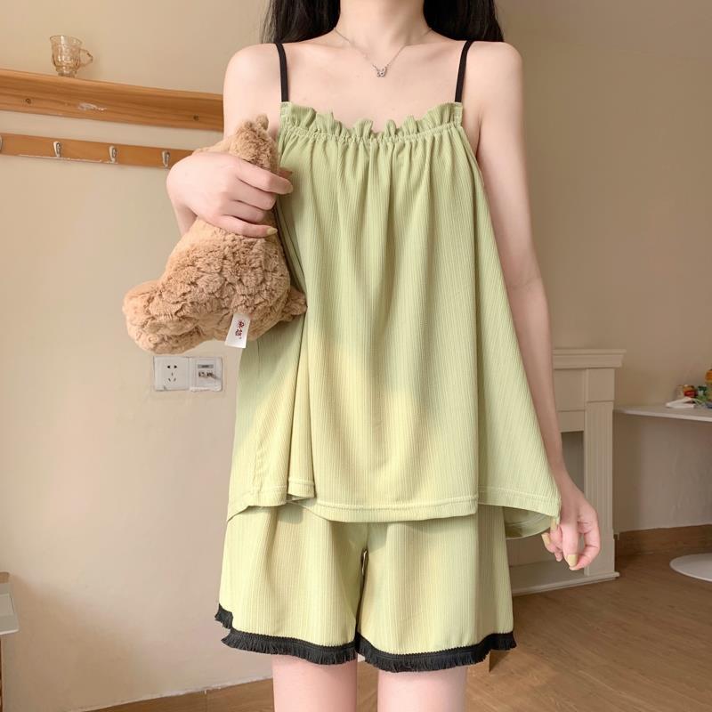 High-value ice silk pajamas girl summer thin simple sweet suspender two-piece set small summer home clothes