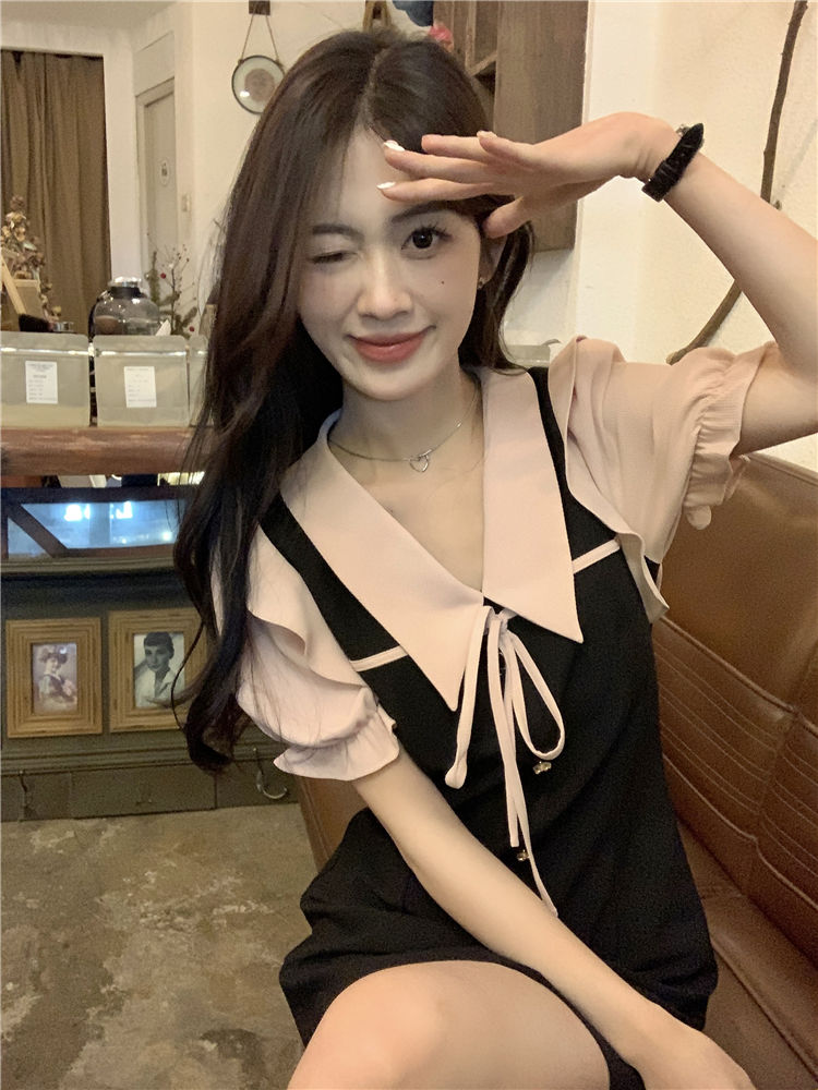 Doll collar tie short-sleeved dress women's summer  new sweet contrast color design sense waist slimming skirt