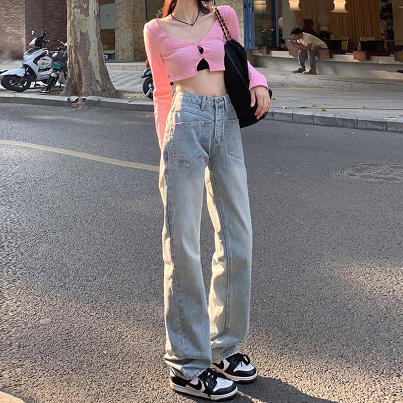 YSYOURS設計感淺色窄版闊腿牛仔褲女2023新款寬鬆高腰直筒褲子潮