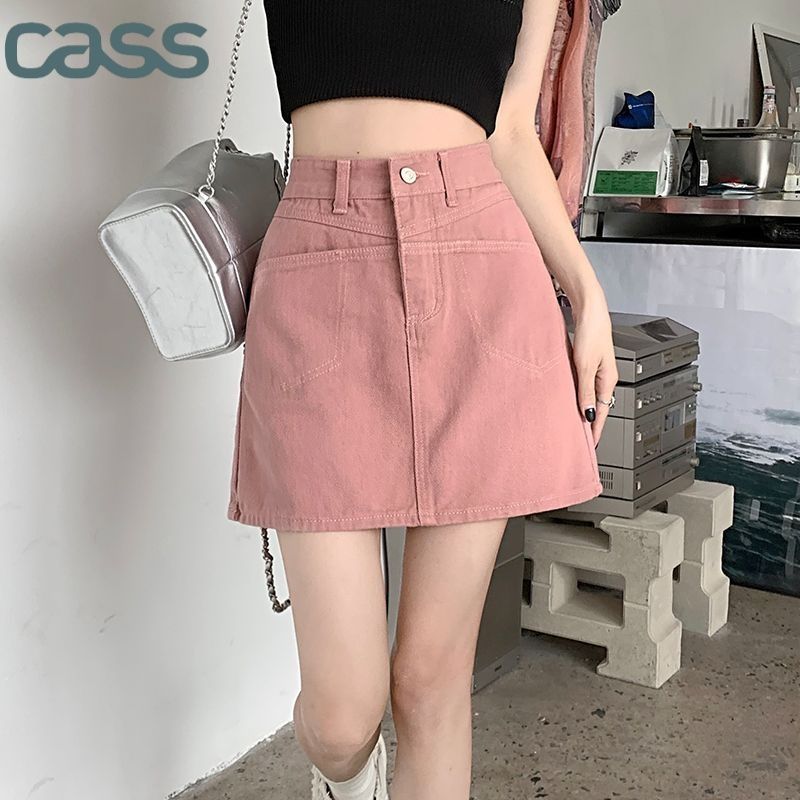 Pink denim short skirt women 2023 spring and summer new high waist large size slim skirt covering hips and hips A-line skirt