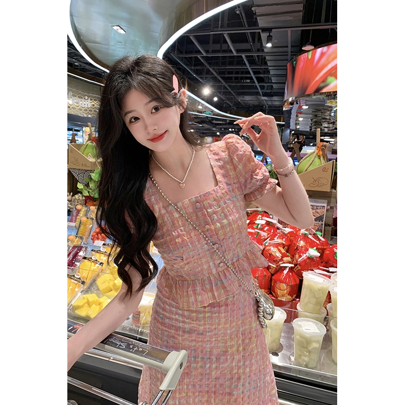 Puff Sleeve Wooden Ear Edge Square Collar Short-sleeved Shirt Mid-length Skirt Women's Spring  New Fashion Two-piece Set