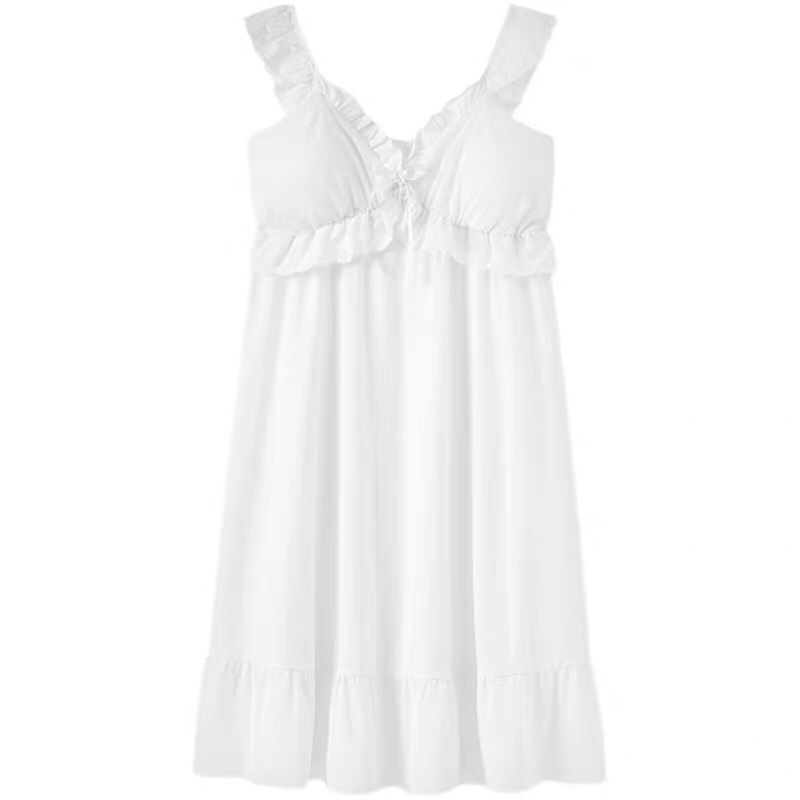 Strap pajamas women's summer white lace princess style pure color pure cotton sweet and cute nightdress with ruffles