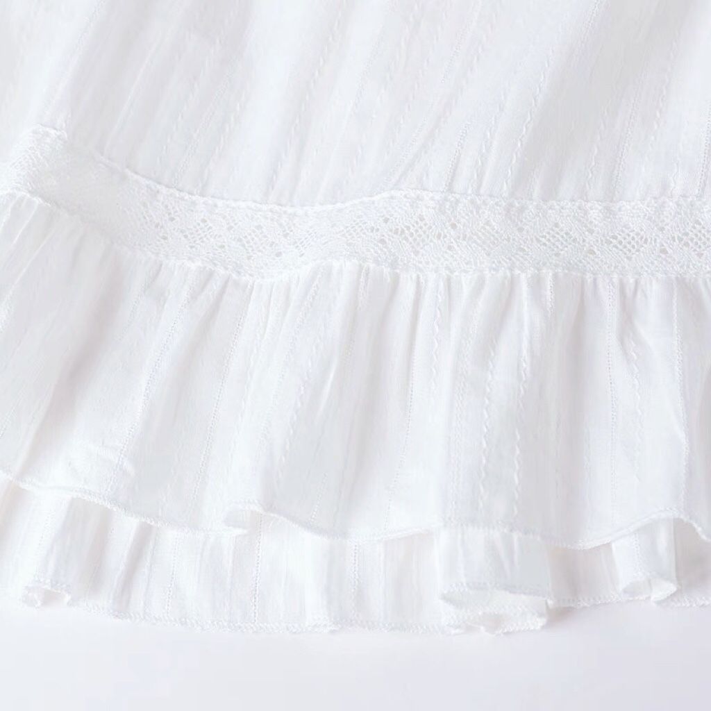 Strap pajamas women's summer white lace princess style pure color pure cotton sweet and cute nightdress with ruffles