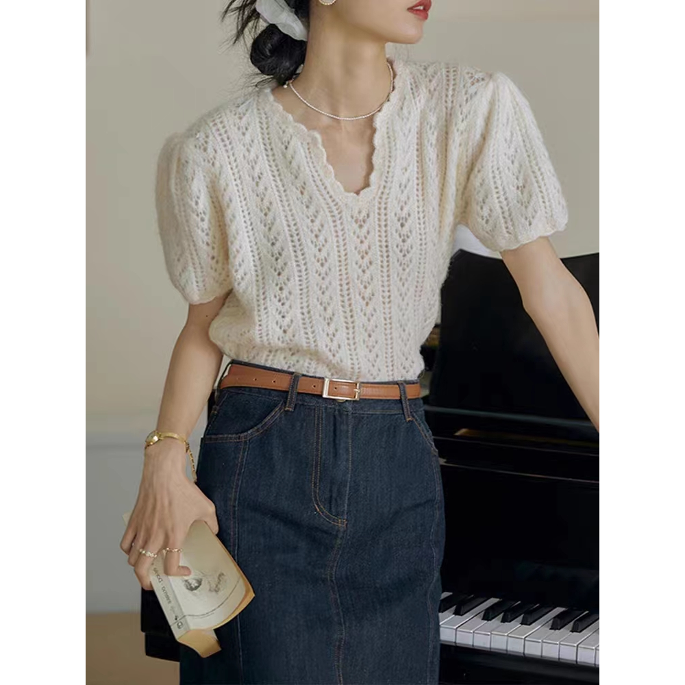 RIXO CLANE新款小众设计感法式复古气质短袖针织衫上衣女夏季