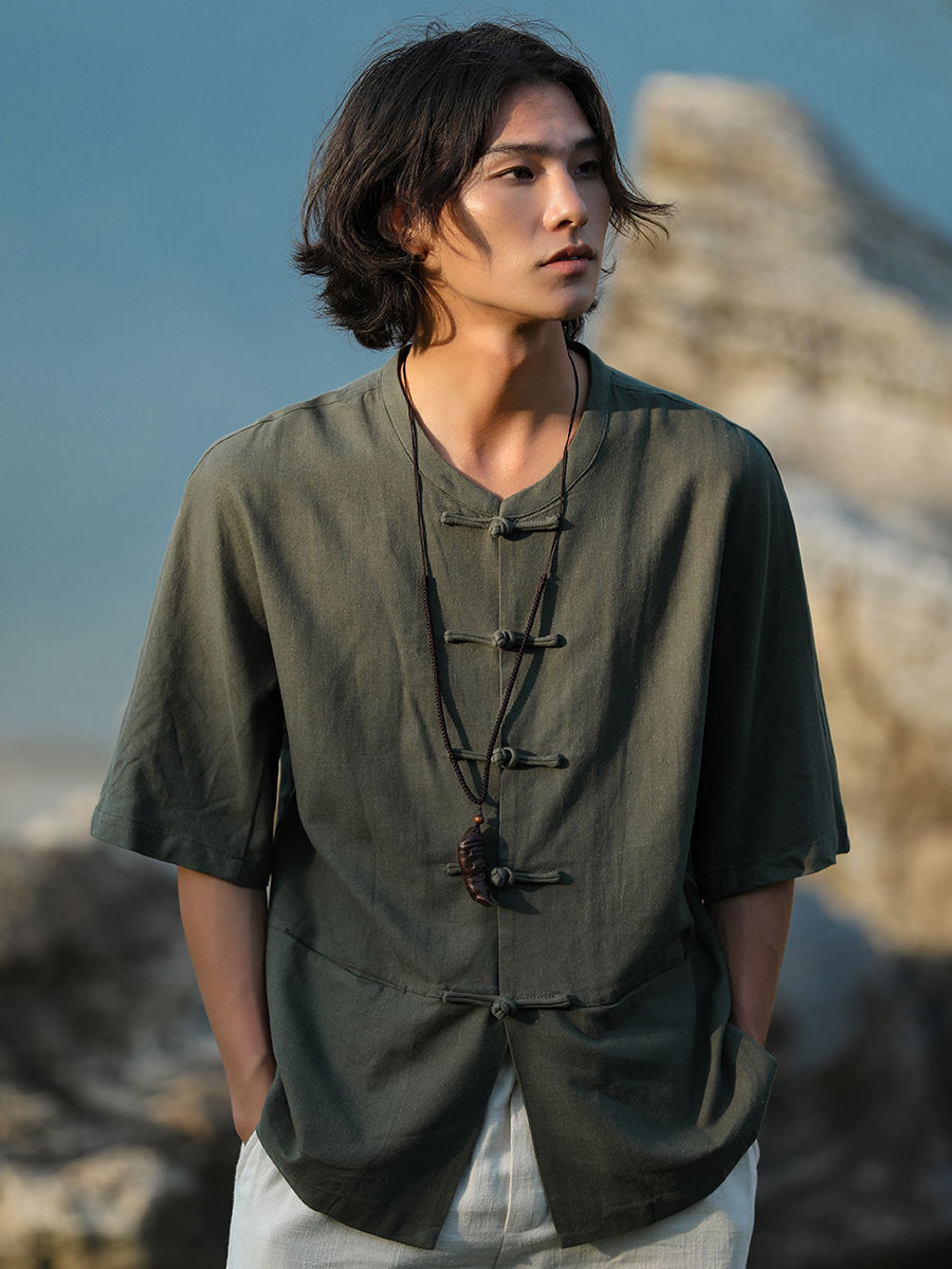 Retro youth Chinese style shirt short-sleeved Chinese stand collar Zhongshan shirt Tang suit men's trendy brand
