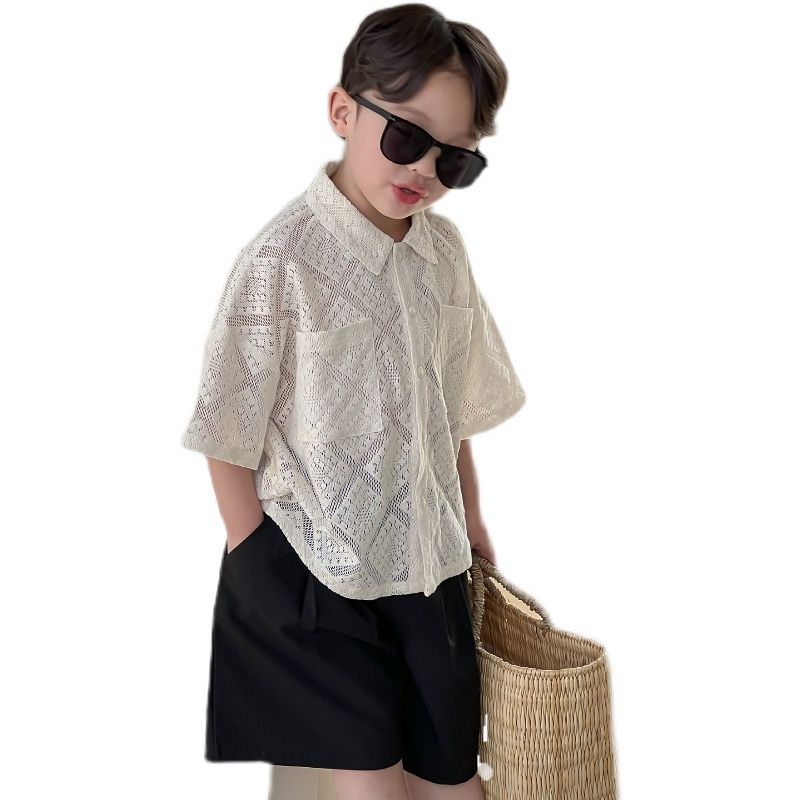 Korean version of children's summer hollow shirt boys and girls holiday cool crochet short-sleeved top breathable baby half-sleeved shirt