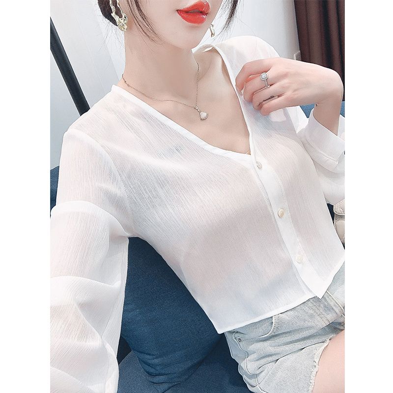 雪紡衫女披肩配裙子春裝2023年新款洋氣小衫v領短款上衣長袖開衫
