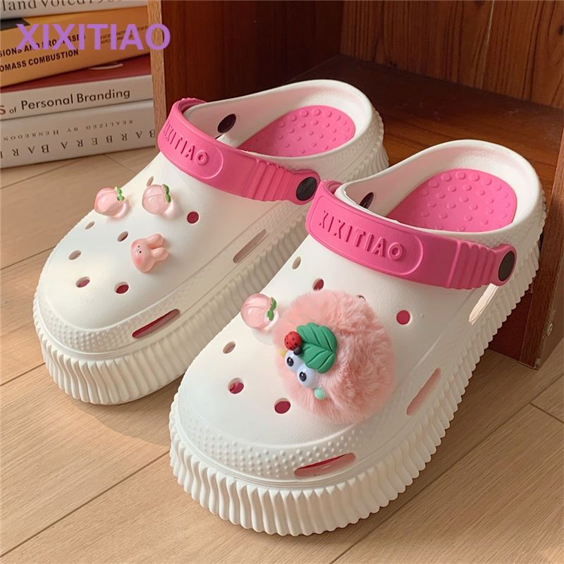 Thin strip summer girl's heart personality plush doll vacation beach shoes for women to wear heightened non-slip hole shoes