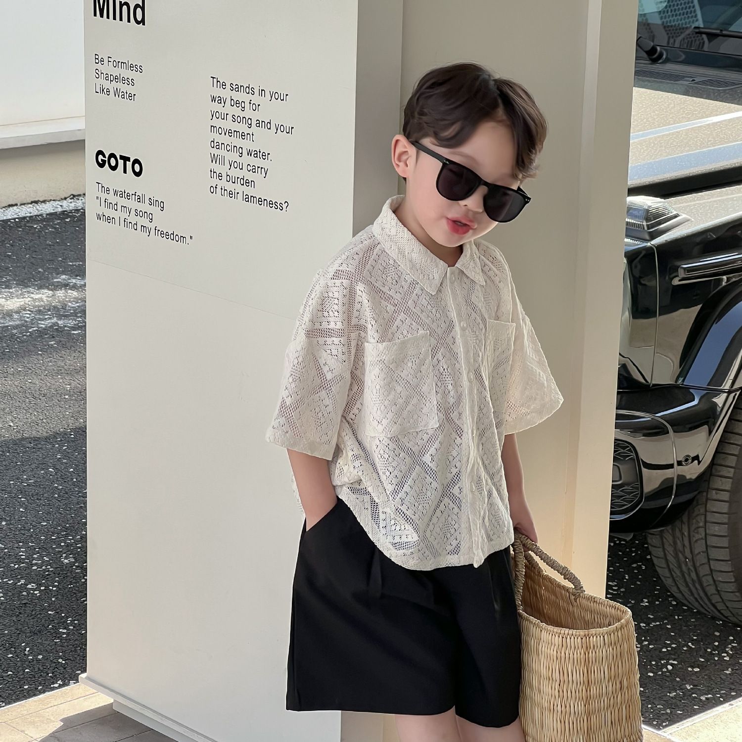 Korean version of children's summer hollow shirt boys and girls holiday cool crochet short-sleeved top breathable baby half-sleeved shirt