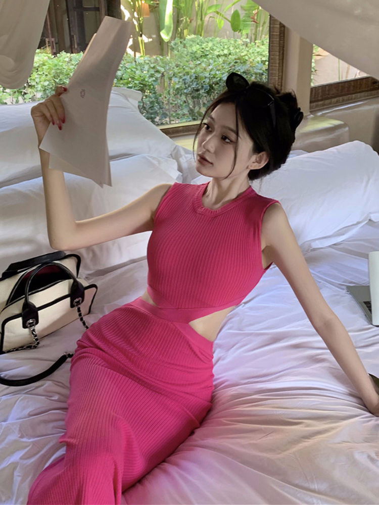 純欲背心連衣裙女裝夏季2023新款裙子高級感交叉鏤空性感包臀長裙