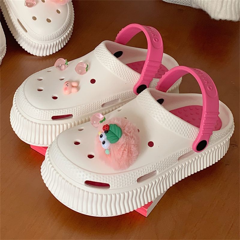 Thin strip summer girl's heart personality plush doll vacation beach shoes for women to wear heightened non-slip hole shoes