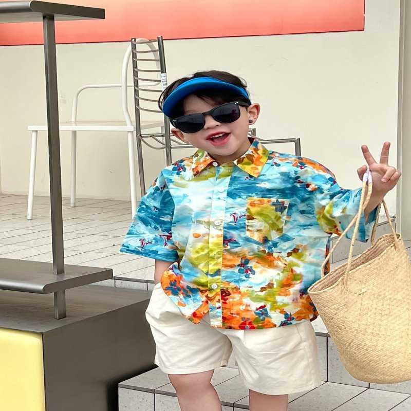 韩版男童度假风花衬衫2023夏季儿童洋气短袖时尚衬衣宽松翻领上衣