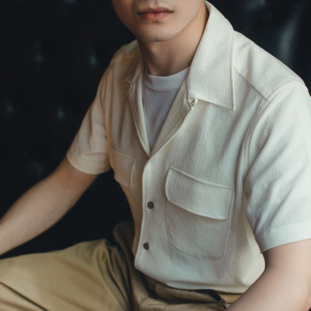 FABRIC SHOP seersucker Cuban collar shirt for men and women, summer casual suit with short-sleeved white shirt