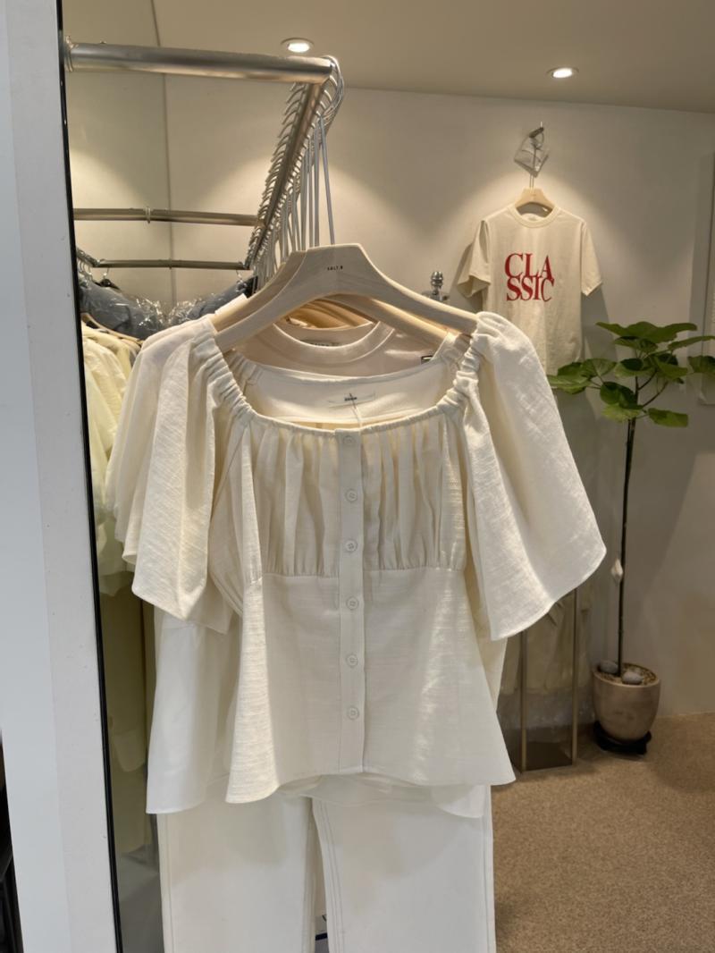 韩国东大门夏季新款气质女神方领褶皱百搭短袖衬衫女设计感