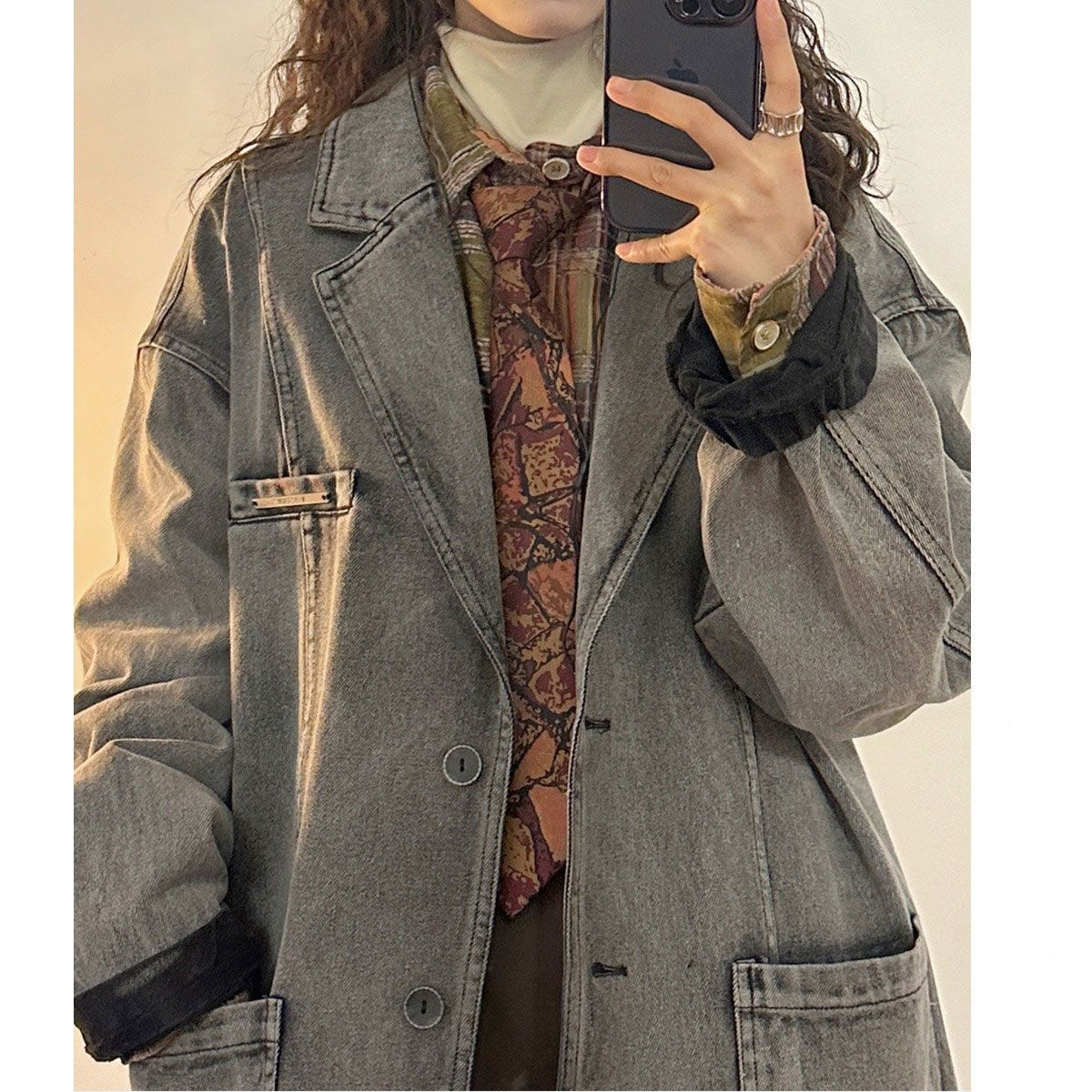 韓系做舊牛仔西裝外套女2023春季新款正肩百搭復古港風長袖休閒裝