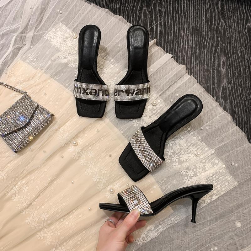 Sandals women's stiletto 2023 new summer open-toe high heels one-word sandals with rhinestone letters for beach wear