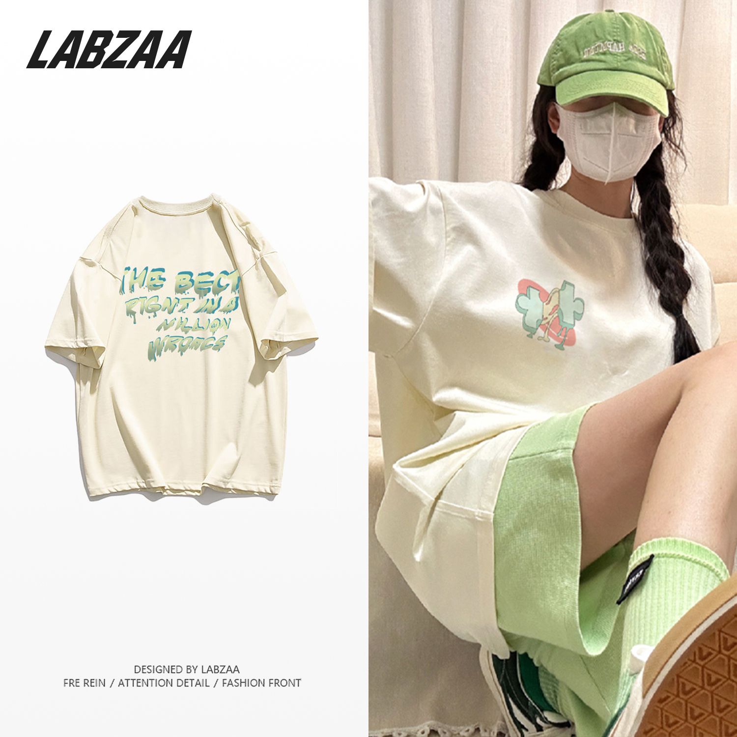 LABZAA pure cotton American creative letter printing short-sleeved T-shirt women's ins niche hip-hop style cream color top clothes