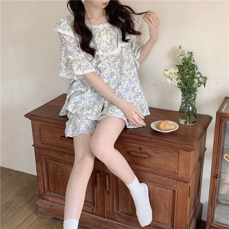 Lace floral pure desire net red wind student short-sleeved women's suit simple pajamas women's summer home service summer summer