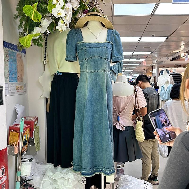 Dress women's spring 2023 new Korean version of the square collar raw edge short-sleeved mid-length temperament denim retro style skirt