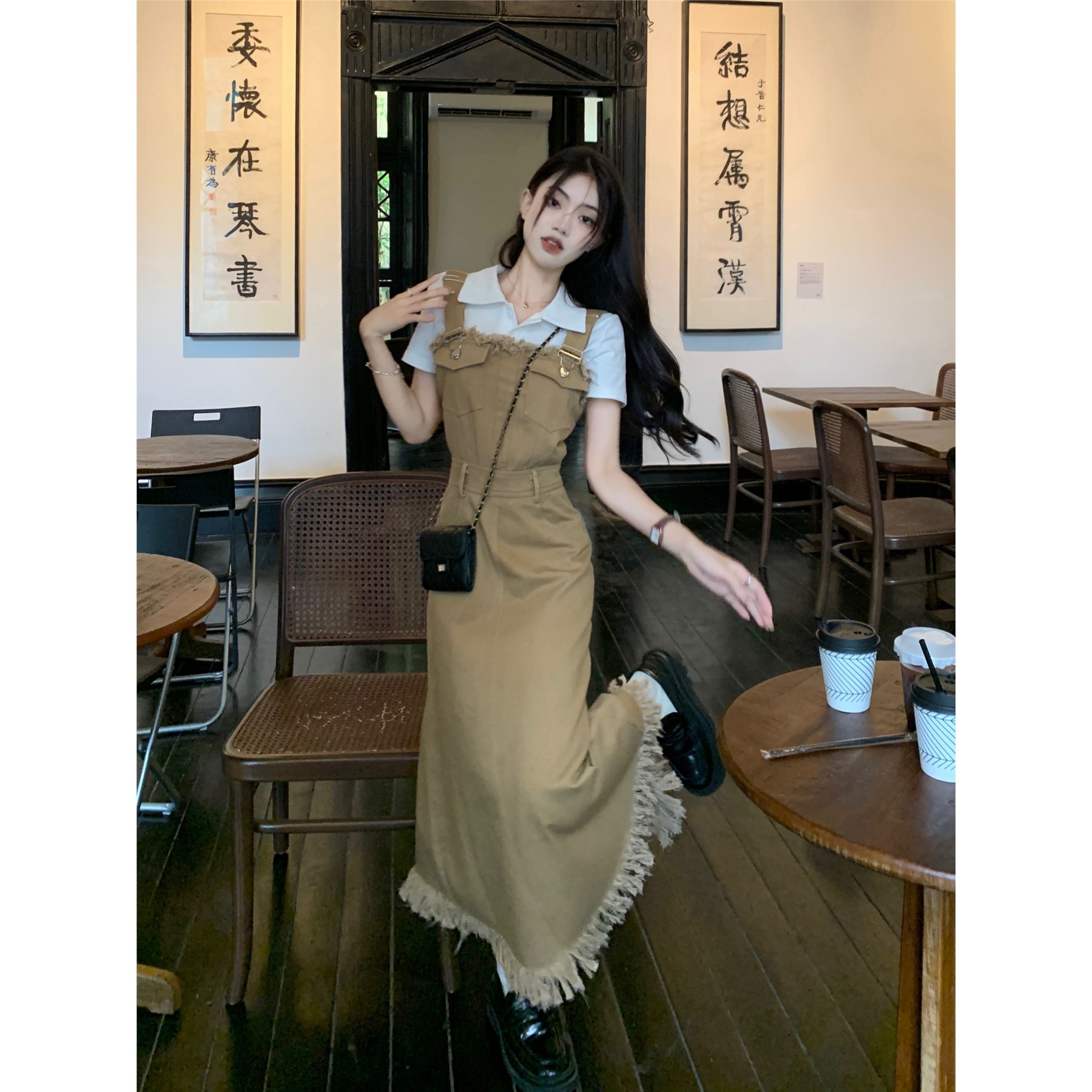 毛邊流蘇牛仔背帶裙女夏季2023新款設計感顯瘦長裙子單/兩件套裝