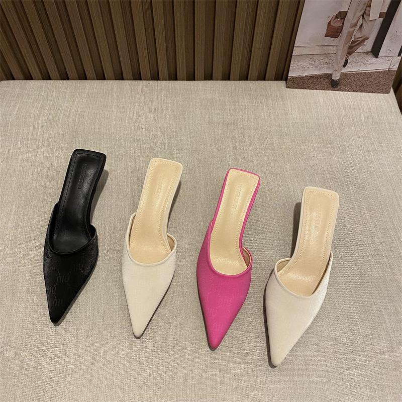  spring new minimalist pointed toe rose red high-heeled sandals and slippers shallow mouth temperament thin heel Baotou half drag