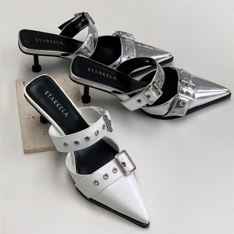 【STARKELA】复古罗马风尖头双皮带扣高跟鞋女银色时髦细跟凉鞋