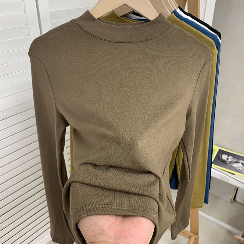 歐貨半高領春秋款純色大碼內搭長袖打底衫t恤女顯瘦百搭洋氣上衣
