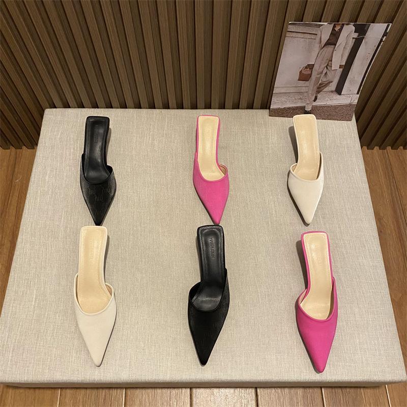 spring new minimalist pointed toe rose red high-heeled sandals and slippers shallow mouth temperament thin heel Baotou half drag