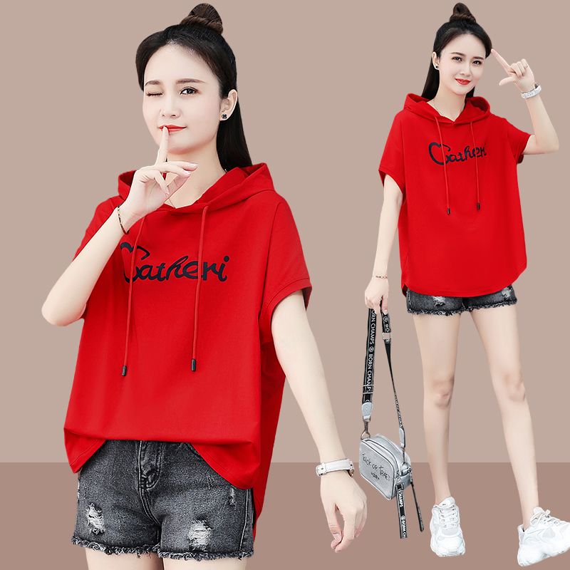 Pure cotton 2023 summer hooded short-sleeved t-shirt women's loose large size fat mm cover belly bat sleeve thin top