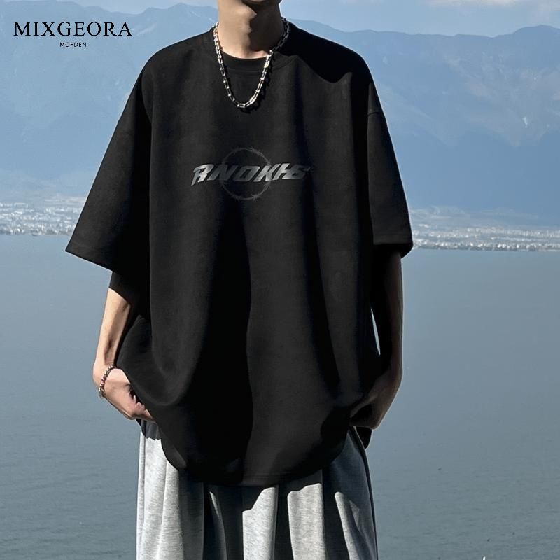 MIX GEORA美式復古麂皮絨短袖t恤男夏季青少年潮牌寬鬆五分袖體恤