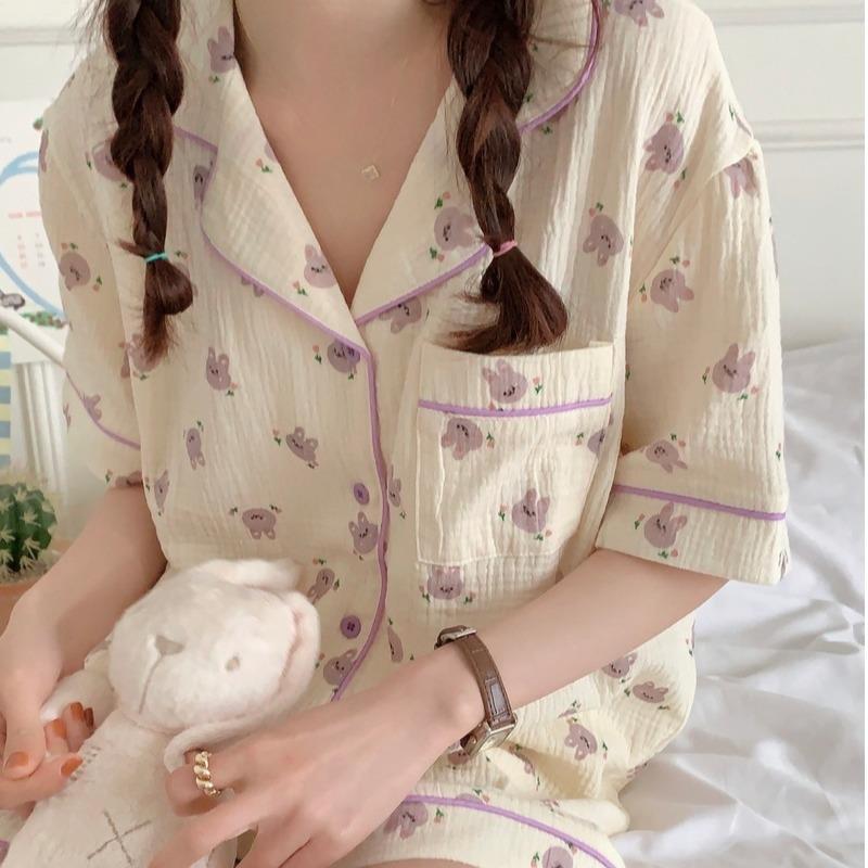 Pajamas women's summer short-sleeved shorts Korean version of the cartoon cute rabbit baby cotton gauze home service two-piece suit