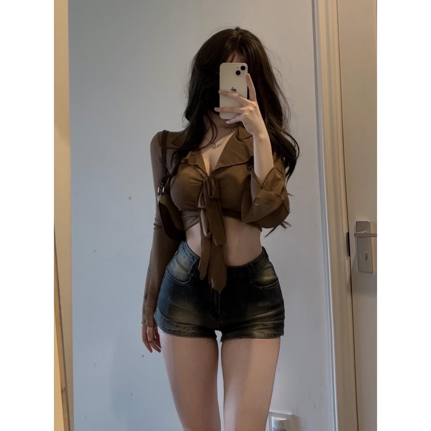 YSYOURS美式復古做舊牛仔短褲女2023新款夏季高腰熱褲緊身超短褲