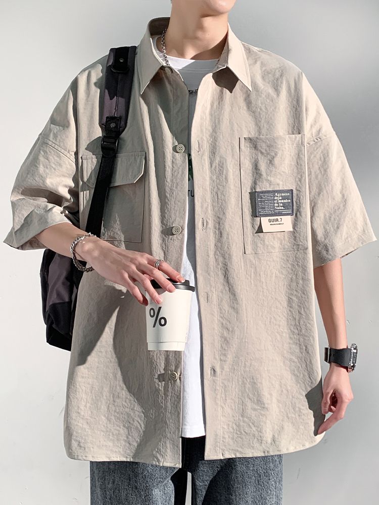 Short-sleeved shirt men's summer ice silk shirt boys suit tide brand trend summer casual tooling coat inch shirt