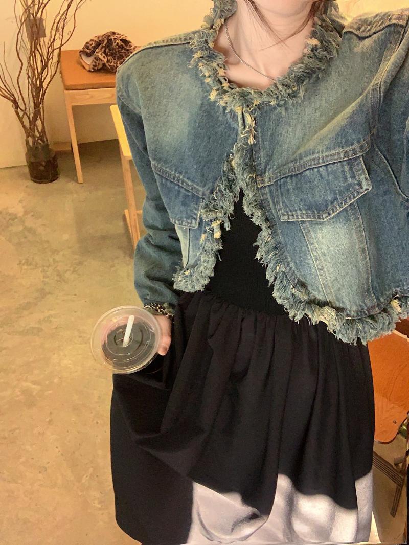 Temperament retro long-sleeved denim jacket short women's clothing spring new loose and thin casual all-match top with raw edges