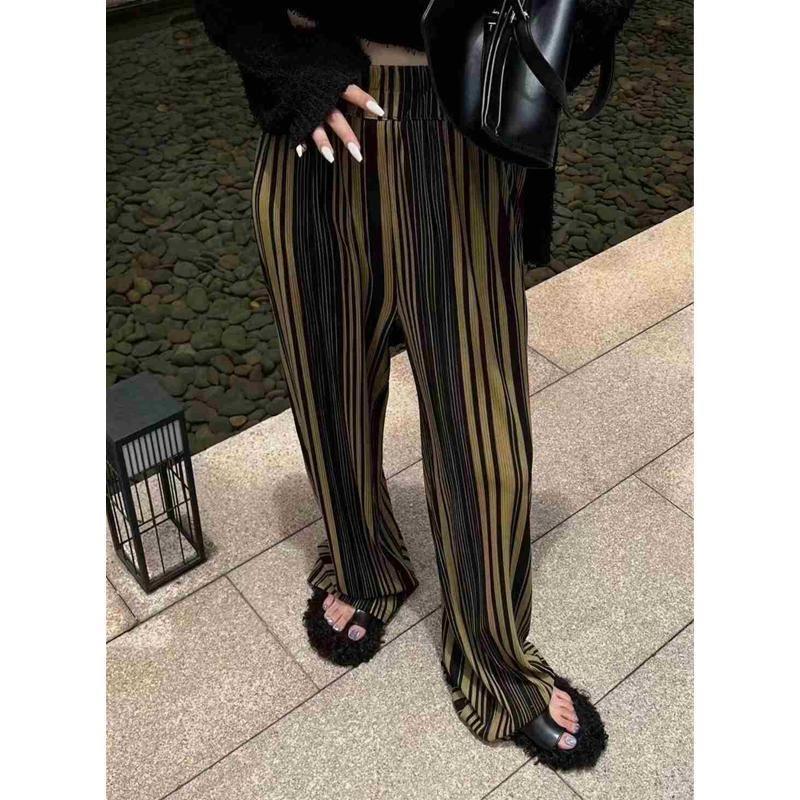 Ins style vertical striped wide leg pants Korean style niche design high waist lazy style elastic waist floor mopping casual pants long style